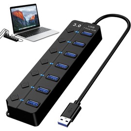 Hub USB 3.0 Splitter,7 Puertos Multi USB 3.0 Hub Splitter con Interruptores e Indicadores Individuales,Adaptador de USB 3.0 5Gbps Compatible con Windows,Mac OS,Linux y Otros Sistemas Operativos