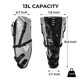 Waterproof Bicycle Saddle Bag - 13L Roll-Top Closure Cycling Bike Seat Bag Under Seat Storage Pack for Mountain Road Bike Travel (Grey)