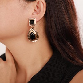 fxmimior - arete bohemios de moda para mujer, color dorado y negro, con diamantes de imitación, estilo clásico, con forma de gota, color negro, para novia, boda, fiesta, graduación, sexy, para mujer, Diamantes de imitación, Diamante de imitación