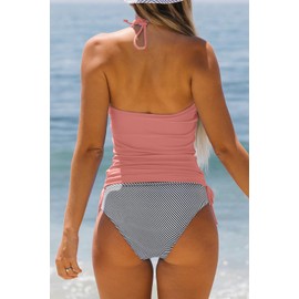 Beachsissi Women's Two-Piece Swimsuits, Padded, Side Drawstring, Swimwear, Halterneck, Leopard Print Tankini Set, light pink