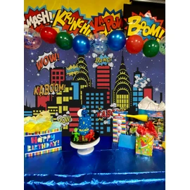 Mocsicka Superhero City Backdrop Kids Boys Birthday Banner Urban Night Glitter Sky Stars Boom City Buildings Background Durable Bang Boom Skyscraper Children Portrait Photo Studio Props (7x5ft)