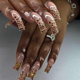 Long Press on Nails Curved Nail Tips False Nails French Tip Fake Nails with Leopard Designs Stick on Nails with Charm Glue on Nails Cute Glossy Artificial Nails for Women 20pcs