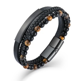 Raymard Mens Tiger Eye Matee Black Onyx Lava Rock Volcanic Stone Beaded Bracelet, Black Braided Leather Bracelet for Men-Matee Black Onyx&Tiger Eye