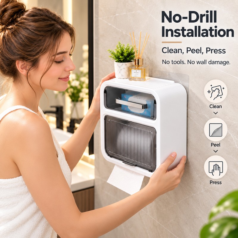 Wall-Mounted Toilet Paper Holder with Drawer – No-Drill Waterproof Tissue