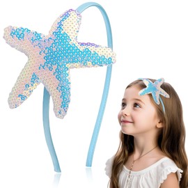 HIFANMM Starfish Headband Sparkle Summer Beach Hair Bands for Girls Women, Blue Sequin Fish Star Hair Accessories Non Slip Headbands Sparkle Summer Day Cosplay Party Decoration Supplies