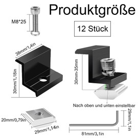 Pack of 12 Solar Panel Mount End Clamps, 30 mm Solar Panel Mounting, Adjustable Clamp, with Nuts and Screws, for Solar Panel Mounting, for Camping, Roof, Motorhome, Black