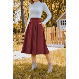 Belle Poque Women's High Waist Pleated A-Line Swing Skirt Below Knee Skirt for Winter Red L