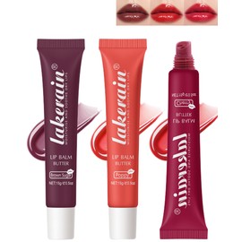 Hydrating Tinted Lip Butter Balm-3 Colors Dark Red Plum Shine Glossier Lip Gloss, Jelly Lip Balm for Dry Lips, Long Lasting Moisturizing Non-Sticky Glow Reviver Fat Lip Care Oil, Gift for Women-SetB