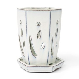 rePotme 4 x 6 inch Ceramic Orchid Pot (White Diamond) - Hexagon Orchid Pot with Holes