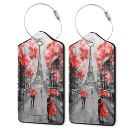 2 Pack Leather Luggage Tag for Suitcase Paris Tower Lovers Unique Travel Tags with Privacy Cover ID Label & Stainless Steel Loop for Men and Women Baggage