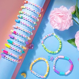 SIELEVIN 24 PCS Friendship Bracelets for Girls Colorful Letter Clay Bead Bracelet Preppy Bracelet Surfer Heishi Bracelet Kids Bracelet for Teen Girls Women