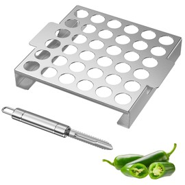 Skyflame Jalapeno Grill Rack with Handle and Chili Pepper Corer Tool - Large 36 Holes Capacity Stainless Steel Drumstick Chicken Legs Roaster for BBQ Smoker and Oven