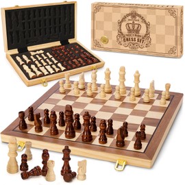 Magnetic Wooden Chess Set for Adults Kids, 15" Folding Chess Boards with 2 Extra Queens, Portable Travel Chess Sets with Pieces Storage Slots, Beginner Chess Game Set for Kids, Adults