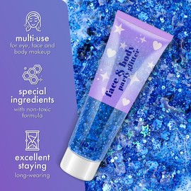 Body Glitter Gel, Holographic Face Glitter Gel Sequins for Hair, Lip, Eyeshadow, Nails, Chunky and Powder Mixed Glitter Gel, Iridescent Cosmetic Flakes Gel for Festival Makeup 120ml (Royal Blue)