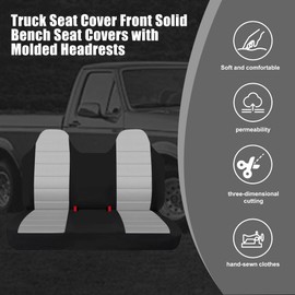 Fioqe Front Bench Seat Cover with Molded Headrests for Ford F150 F250 F350 1992-1998,Pickup Solid Bench Seat No Center Armrest,Washable Truck Seat Protector with Molded Headrests-Gray