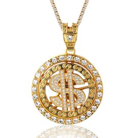 Halukakah Gold chain for men, 18 carat real gold / platinum white gold, money dollar pendant necklace, full cubic zirconia, laboratory diamonds with rope chain, 60 cm, tennis chain, 50 cm, free gift