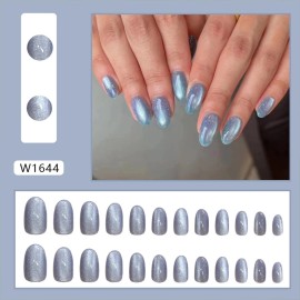 Tyuimhx Blue Cat Eye Press on Nails Medium Oval Fake Nails Glitter False Nail...