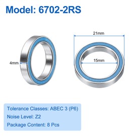sourcing map 8pcs 6702-2RS Deep Groove Ball Bearings 15x21x4mm Chrome Steel Bearing Double Sealed Precision Bearings, P6(ABEC3), Blue