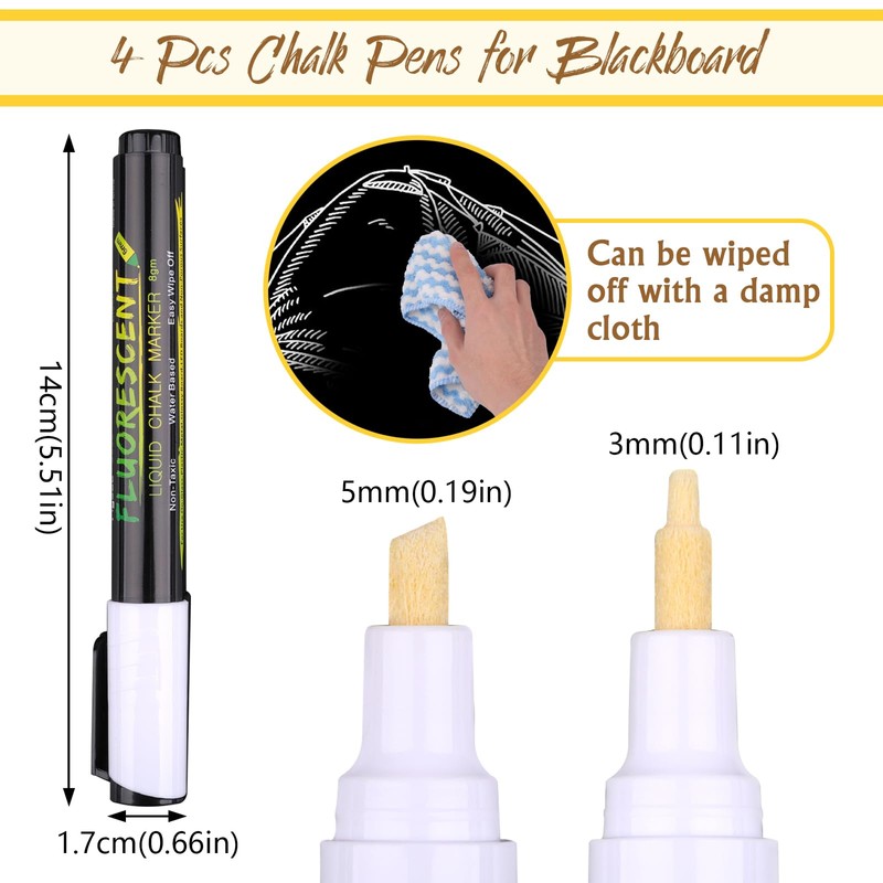Chalk Pen, White, Chalk Pens for Blackboard, Washable, Pack of