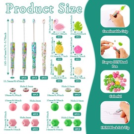 Beadthoven 12pcs DIY Beadable Pens, Hawaiian Flower Plastic Bead Pens with 48pcs Assorted Boho Tropical Summer Flamingo Pineapple Beads Pen Making Kit Black Ink Ballpoint Pens for Office School Gifts