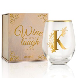 Onebttl Unique Stemless Wine Glasses, Initial Wine Cup for Red or White Wine - 18oz, Monogrammed, Gold - for Women, Girls, Female, Her, Friends, Coworkers, Clients - for Birthday, Christmas
