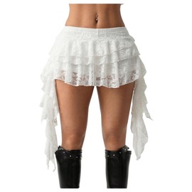 BEAUDRM Women's Floral Lace Layered Ruffle Mini Skirt Low Rise Asymmetrical Going Out Skirts White X-Small