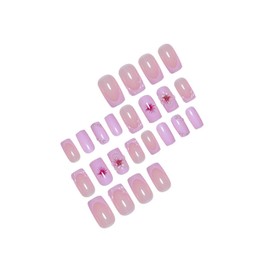 24 Pcs Pink Flower Press on Nails Square Medium Fake Nails Spring Floral False Nails with Embossed French Tip Designs Glossy Acrylic Nails Full Cover Stick on Nails for Women Nail Art Manicure
