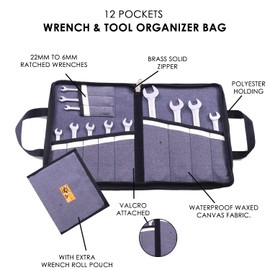 BULL TOOLS 12 Pocket Wrench & Tool Roll Up Pouch Organizer Bag 16 Oz. Rip Resistant Cotton Canvas with 5MM Brass Zipper - Portable Tool Bag Waterproof Tool Roll - Black/Grey - (Tools are not included)