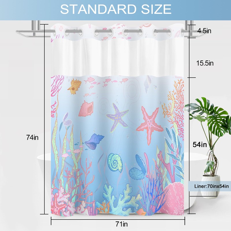 No Hook Shower Curtain and Liner Set, Blue Pink Beach