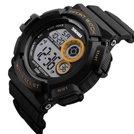 FANMIS Mens Military Multifunction Digital Watches 50M Water Resistant Electronic 7 Color LED Backlight Black Sports Watch (Gold)