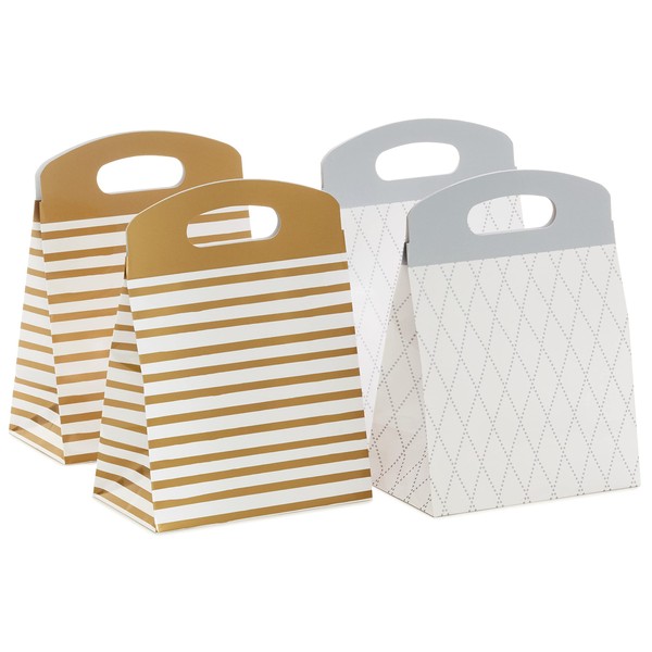 Hallmark Medium Self-Sealing Gift Bags with Handles (4 Bags, 2 Designs: Gold Stripes, Silver and White Diamonds) for Weddings, Anniversaries, Christmas, Hanukkah, Graduations