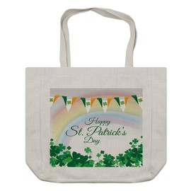 Ambesonne St. Patrick's Day Shopping Bag, Celebration Greeting with Rainbow and Flags Lucky Clovers Shamrock Plant, Eco-Friendly Reusable Bag for Groceries Beach and More, 15.5" X 14.5", Cream