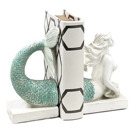 Bellaa 22975 Decorative Bookend Mermaid Antique Farmhouse Sailor Sea Nautical Coastal Fish Boho Beach Decor Retro Vintage Book Ends Distressed White Turquoise 9 Inch