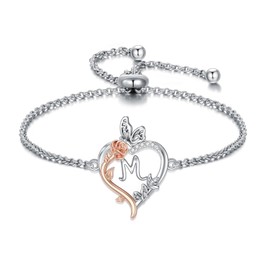 TOUPOP Rose Heart Bracelet for Women Sterling Silver Heart Butterfly Bracelet Initial M Letter Link Bracelet Jewelry Birthday Mothers Day Gifts for Her Mom