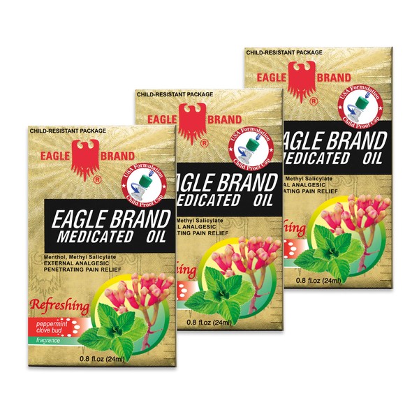 3 Packs - 24ml Eagle Brand Medicated Oil External Analgesic (Refresh-Peppermint Clove Bud) Dầu gió, Made in Singapore 三瓶装 鹰标德国风油精(薄荷丁香味) 新加坡制造