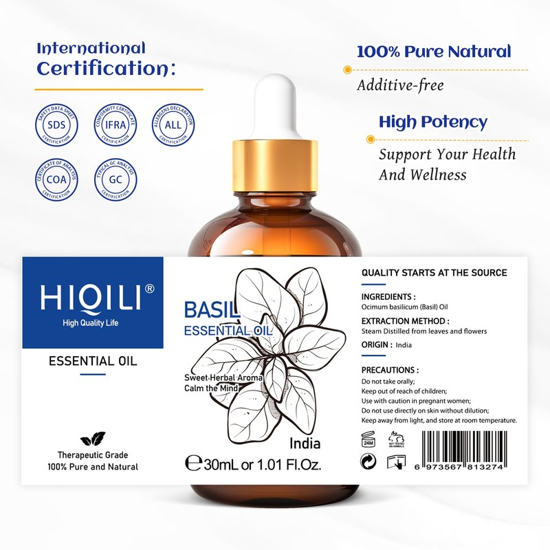 HIQILI 1 Fl Oz Basil Essential Oil, 100% Pure Undiluted