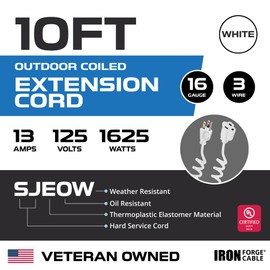 Cable de forja de hierro SJEOW blanco cable de extensión en espiral para exteriores de 10 pies, resistente al aceite y ignífugo de 3 clavijas, cable eléctrico en espiral de 3 clavijas, para interiores