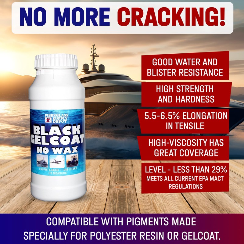 Fiberglass Supply Depot Black Gelcoat No Wax Quart with 15cc