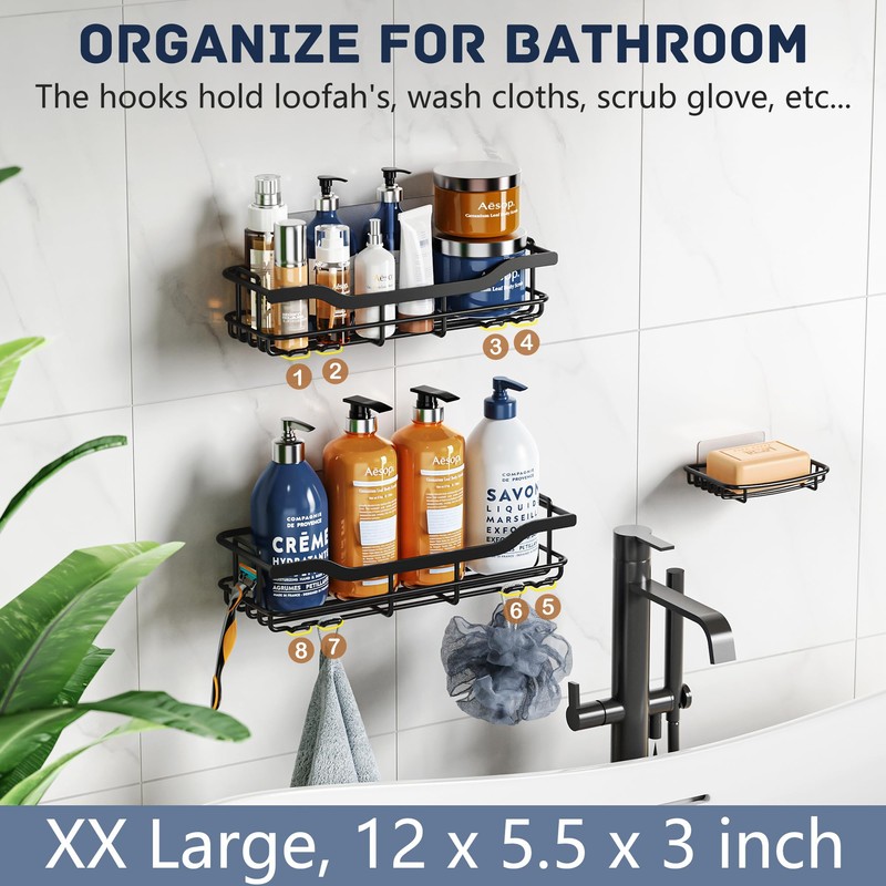 OMAIRA 3-Pack Shower Caddy with Soap Holder, Adhesive Rustproof No-drill