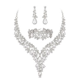 BriLove Bridal Jewellery Set for Wedding Women Rhinestone Crystal Teardrop Flower Cluster Statement Necklace Dangle Earrings Link Bracelet Jewelry for Party Prom Clear Silver-Tone