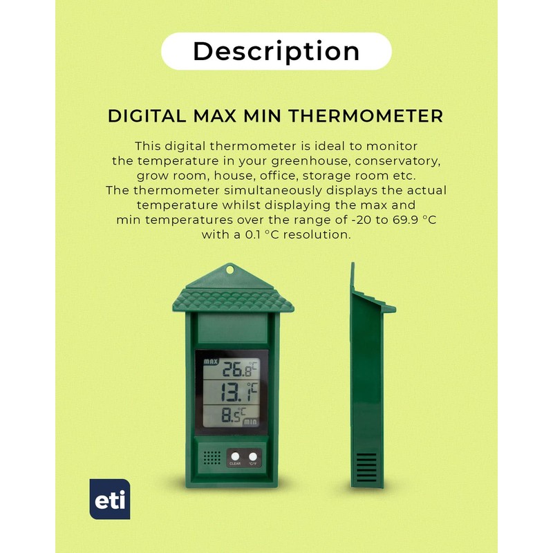 Digital max/min Thermometer for conservatories, greenhouses & Grow Rooms (Green)