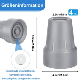 4 Pack Walking Cane Tips 7/8 Inch Crutch Tips Heavy Duty Rubber Cane Tips Replacement, Non-Slip Hiking Walker Tips Accessories for Canes Leg, Walkers, Rollator, Commodes,Shower Chairs(Gray)