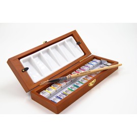 Viburnum Art Professional Watercolor Paint Set - 24 Half Pan Highly Pigmented Transparent Water Color Paints with #4 Synthetic Water color Brush, Mixing Palette & Wooden Box Gift Watercolor Kit