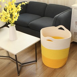 Sea Team Large Size Cotton Rope Woven Storage Basket with Handles, Laundry Hamper, Fabric Bucket, Drum, Clothes Toys Organizer for Kid's Room, 20 x 14 inches, Round Open Design, White & Yellow