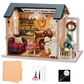 DIY Miniature Dollhouse Kit Realistic Mini 3D Wooden Mini Doll House Room with Furniture LED Lights Christmas Decoration Birthday Gift for Kids Teens Adults (Holiday time)