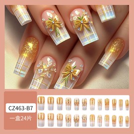 Bow Press on Nails Gold Glitter Fake Nails Medium Square Acrylic Nails French Tip Glue on Nails Full Cover Nails Press ons Reusable Artificial Nails Medium Length Stick on Nails for Women 24Pcs