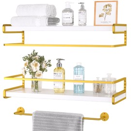 CeleVista Bathroom Floating Shelves for Wall, 3 Pack Bathroom Shelf with Towel Bar, Multiple Installation Wall Mounted Shelves for Bedroom, Kitchen, Living Room Decor, 16 Inch(Gold)