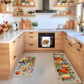 SEGXCFL Thanksgiving Kitchen Mat Set of 2 Fall Kitchen Runner Rug for Floor Pumpkin Turkey Non Slip Waterproof Washable Kitchen Decor for Home Office Bathroom Party Decor