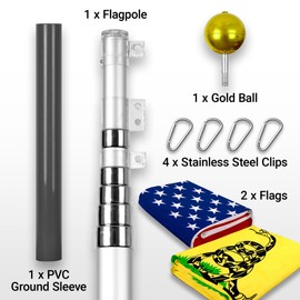 G128 Combo Pack: 20 Ft Telescoping Aluminum Flagpole (Silver) & American and Gadsden Flags 3x5 Ft, Both StormFlyer Series Embroidered 220GSM Spun Polyester | Pole with Flags Included
