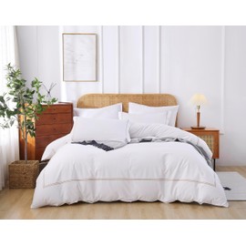 AORISSI 100% Cotton Duvet Cover Set Soft Comfortable with Embroidery Design 3 Pcs Home Sateen Weave Bedding Set (White&Gold, King)